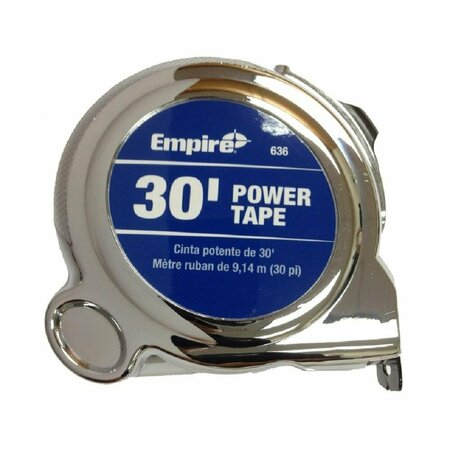 EMPIRE Tape Measure, 30 ft L, 1 Inch W, Power, Chrome, Steel 636